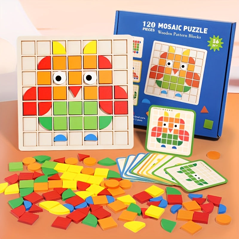 Un ensemble de puzzle mosaïque en bois 3D avec 20 cartes pour l'entraînement et l'association de blocs. Capacité de reconnaissance des couleurs adaptée aux garçons et aux filles. Cadeaux pour Noël, Nouvel An et la rentrée scolaire
