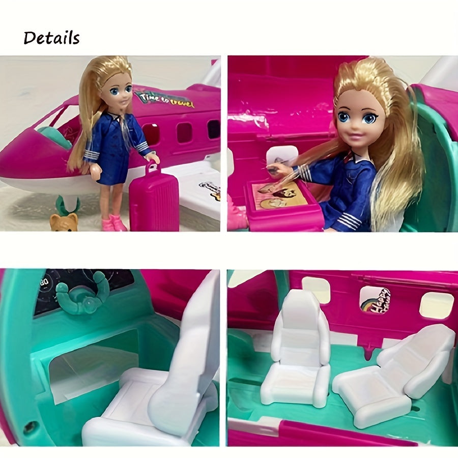 1 ensemble d'accessoires pour avion de poupée de mode, véhicule de rêve, voyage de poupée princesse, couleur rose, ensemble de jeu, comprenant une valise de voyage et des jouets pour animaux de compagnie (sans électricité) halloween, cadeau de noël