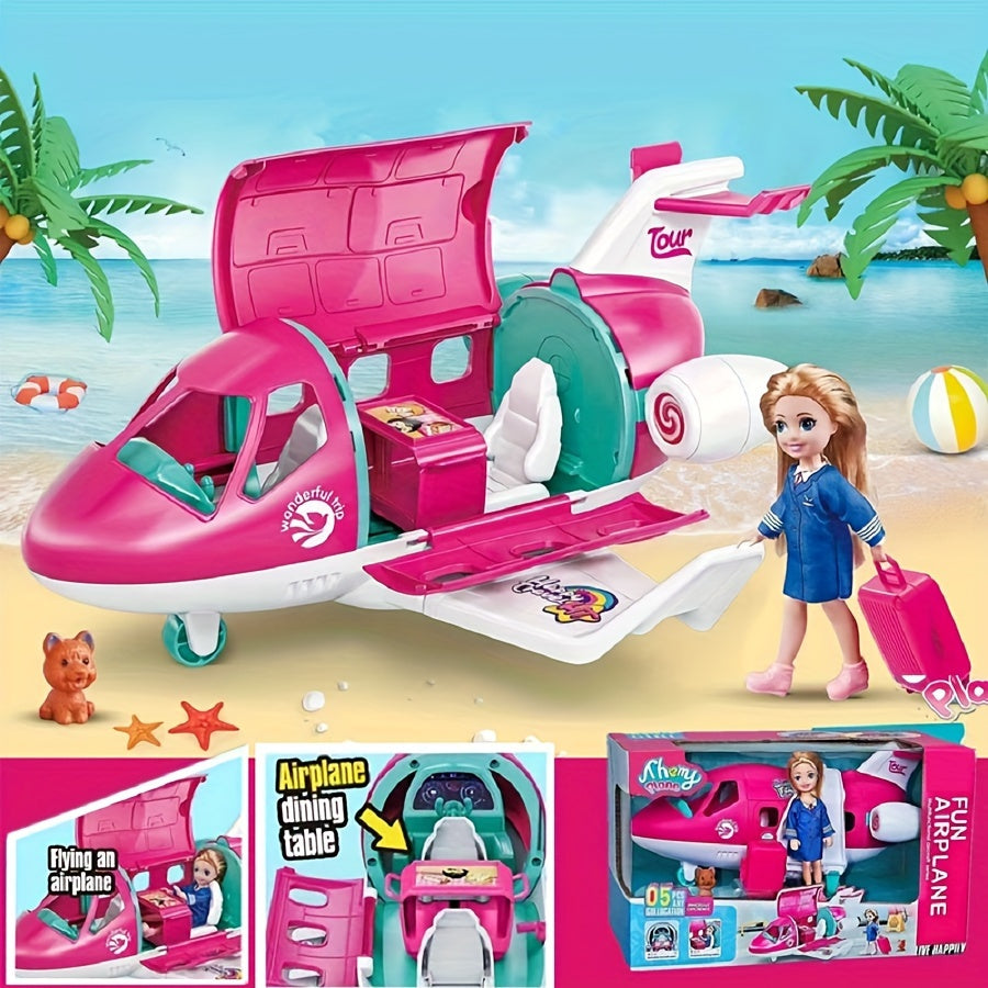 1 ensemble d'accessoires pour avion de poupée de mode, véhicule de rêve, voyage de poupée princesse, couleur rose, ensemble de jeu, comprenant une valise de voyage et des jouets pour animaux de compagnie (sans électricité) halloween, cadeau de noël