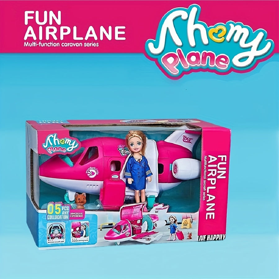 1 ensemble d'accessoires pour avion de poupée de mode, véhicule de rêve, voyage de poupée princesse, couleur rose, ensemble de jeu, comprenant une valise de voyage et des jouets pour animaux de compagnie (sans électricité) halloween, cadeau de noël