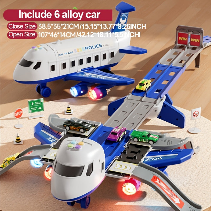 Grand Ensemble de Jouets Avion avec un Avion de 42 Pouces et 6 Véhicules ainsi que 4 Pistes, Équipé de Lumières et Sons, Idéal comme Cadeau pour Noël, Nouvel An ou Anniversaire pour Garçons et Filles